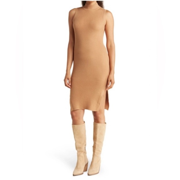 Magaschoni Dresses & Skirts - Magaschoni Caramel Mock Neck Ribbed Bodycon Dress